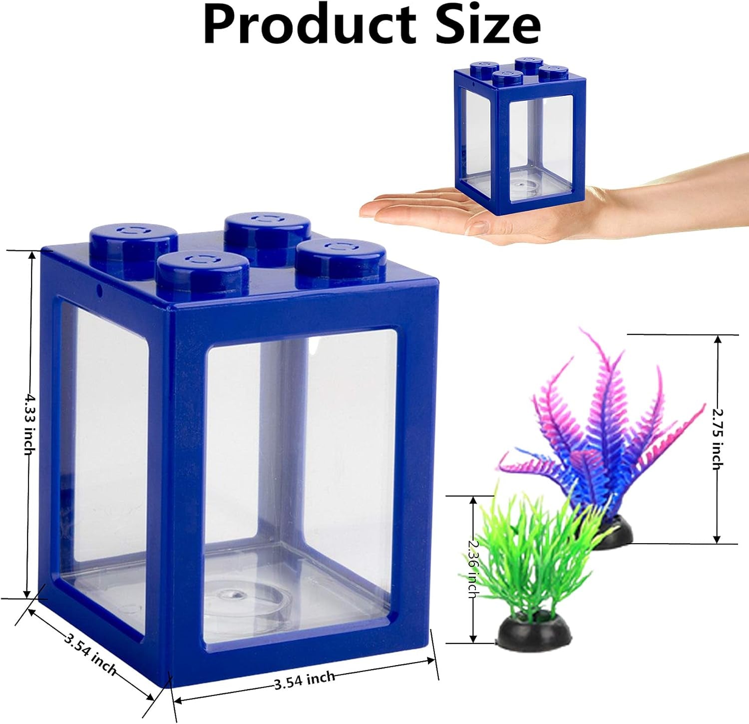 Compact Betta Fish Tank - Stackable Mini Cube Aquarium with Decorative Elements and Ant Feeding Case for Reptiles (Blue)