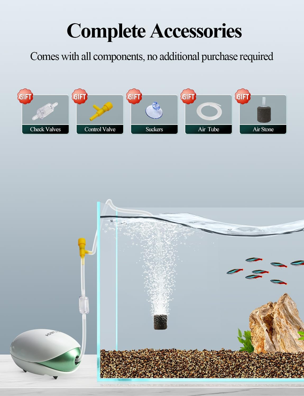 Aquarium Air Pump, Oxygen Fish Air Pump with Adjustable Air Valve, Fish Tank Air Pump with Accessories Tube, Bubble Stone and Check Valve, Tank Aerator Kit