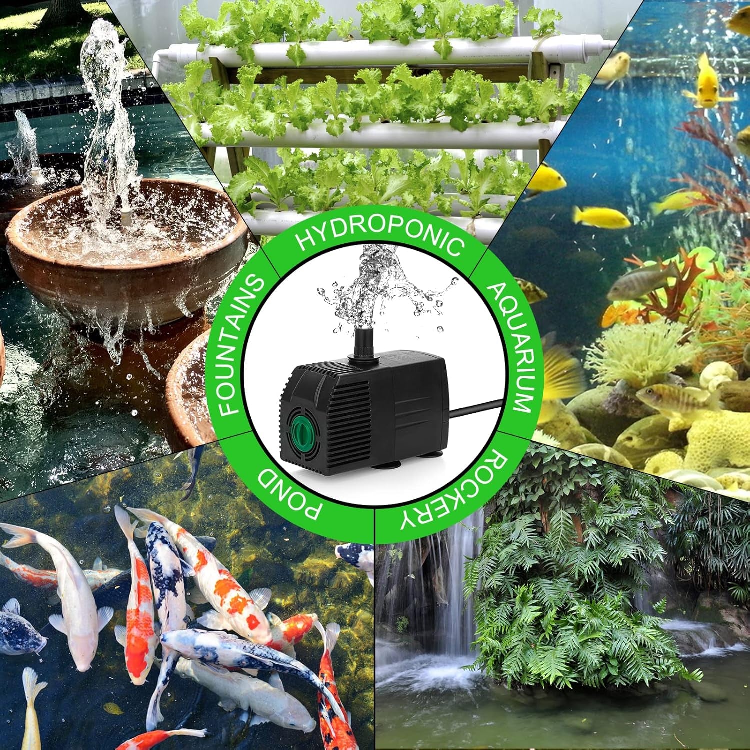Submersible Water Pump, 200GPH Aquarium Pump with Pre-Filter Screen, Adjustable Fountain Pump with 3 Nozzles and 6Ft Power Cord for Fish Tank, Pond,Hydroponics, Outdoor Waterfall 800L/H,12W