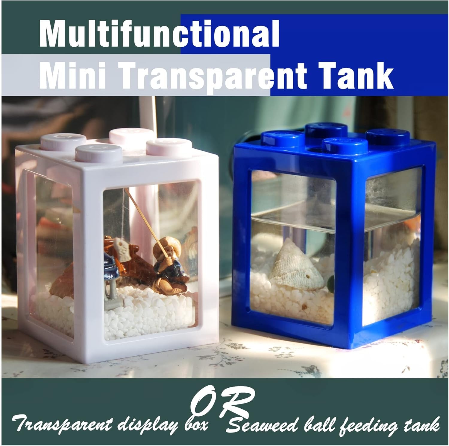 Compact Betta Fish Tank - Stackable Mini Cube Aquarium with Decorative Elements and Ant Feeding Case for Reptiles (Blue)
