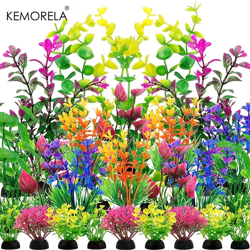 KEMORELA 25/26Pcs Artificial Plants Fish Tank Decorative Aquarium Decoration Colorful Plastic for Indoor Fish Tank Decorative