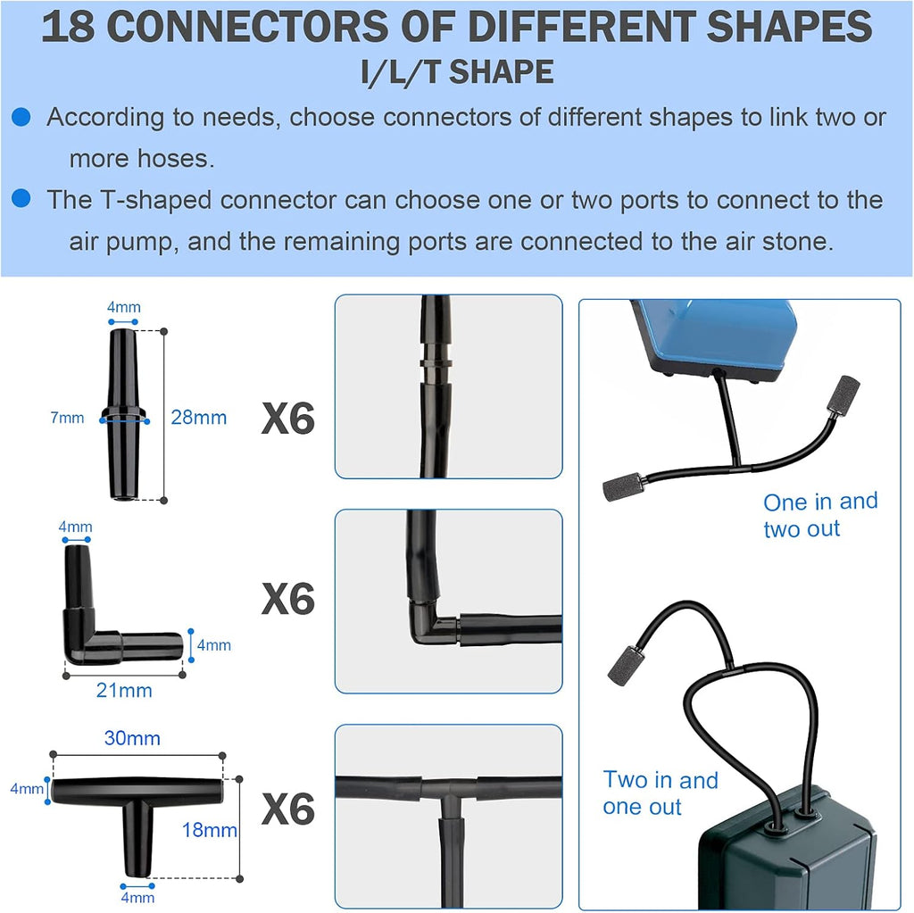 Aquarium Air Pump Accessories Set-9.84/26.25/101.71 Feet Aquarium Airline Tubing Hose,Check Valves,Air Stones and Connectors of I,L,T Shape (101.71Feet Hose 12Stone 12Check Valve 18Connector)