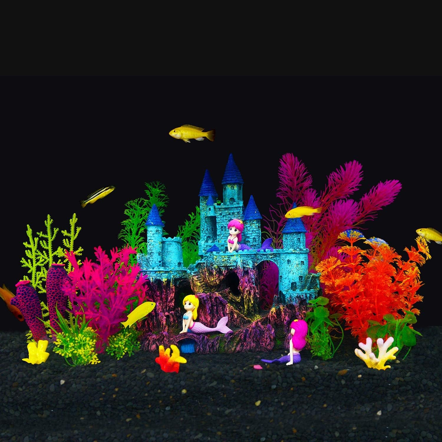 Aquarium Decorative Theme Set - Plastic Plants, Fish Cave, Castle, Mermaid, Pirate Ship, Egyptian Pyramid, Shipwreck Hideouts and Accessories