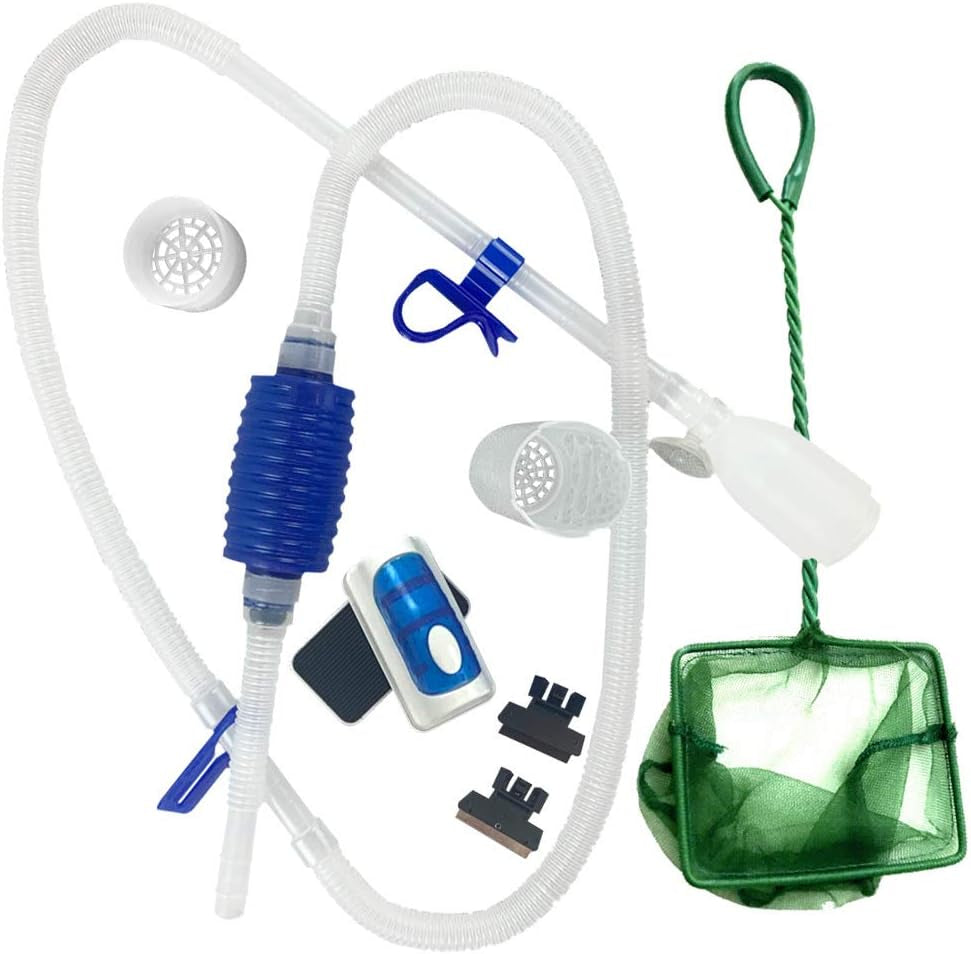 Fish Tank Cleaner/Fish Tank Accessories - Comes W/Gravel Vacuum for Aquarium, Fish Net, Magnet Brush & Algae Scraper - BPA Free Aquarium Supplies & Aquarium Cleaning Tools (3 in 1 Starter Kit)