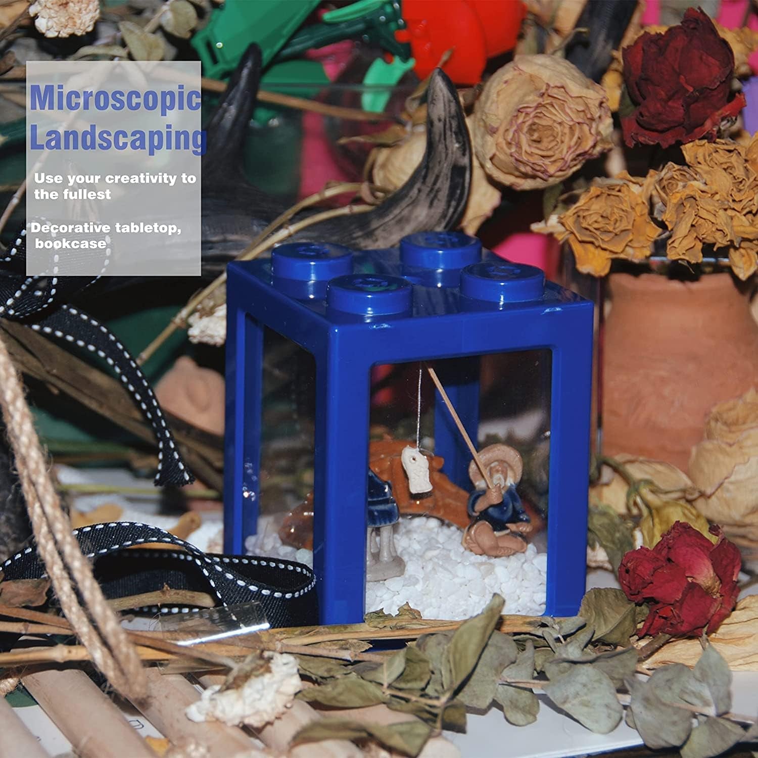 Compact Betta Fish Tank - Stackable Mini Cube Aquarium with Decorative Elements and Ant Feeding Case for Reptiles (Blue)