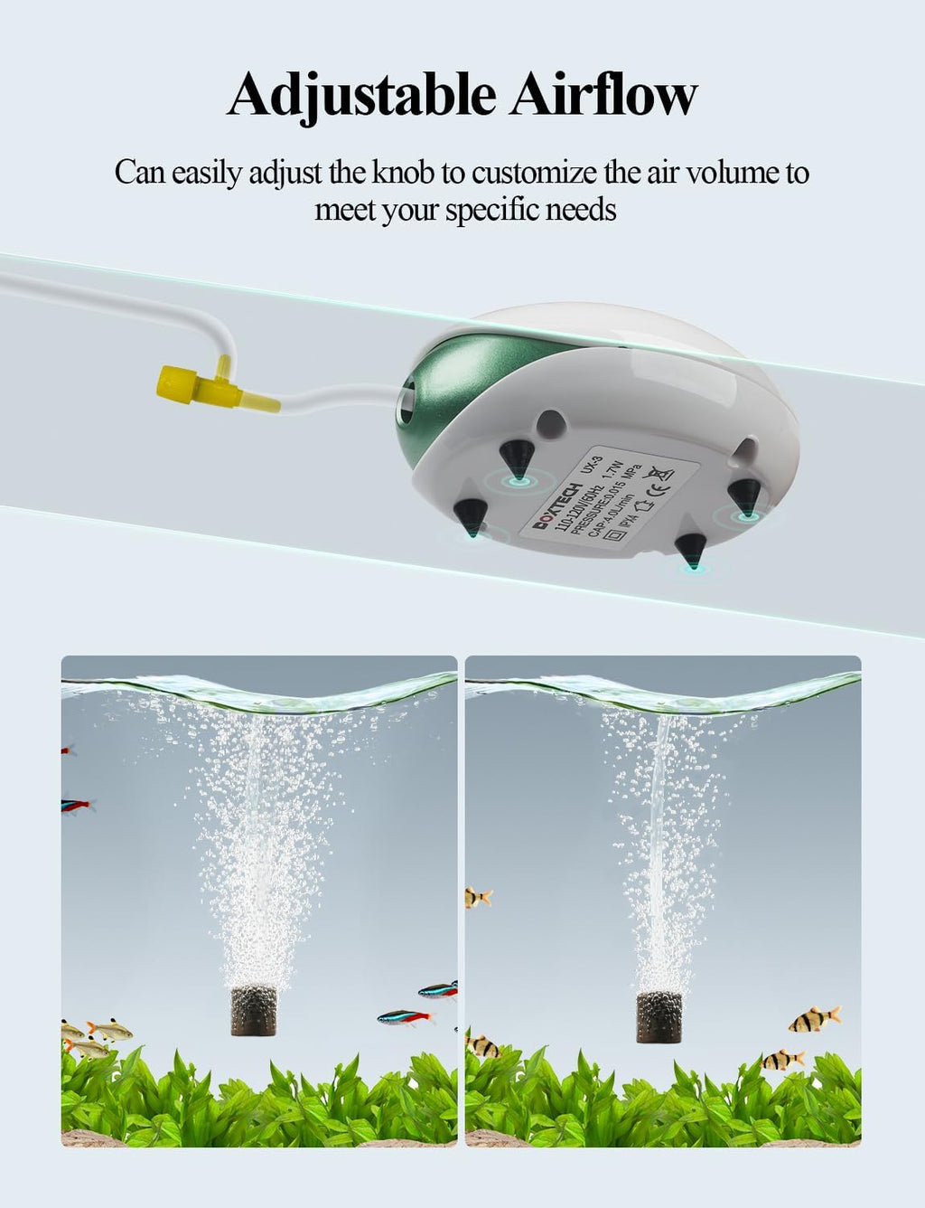 Aquarium Air Pump, Oxygen Fish Air Pump with Adjustable Air Valve, Fish Tank Air Pump with Accessories Tube, Bubble Stone and Check Valve, Tank Aerator Kit