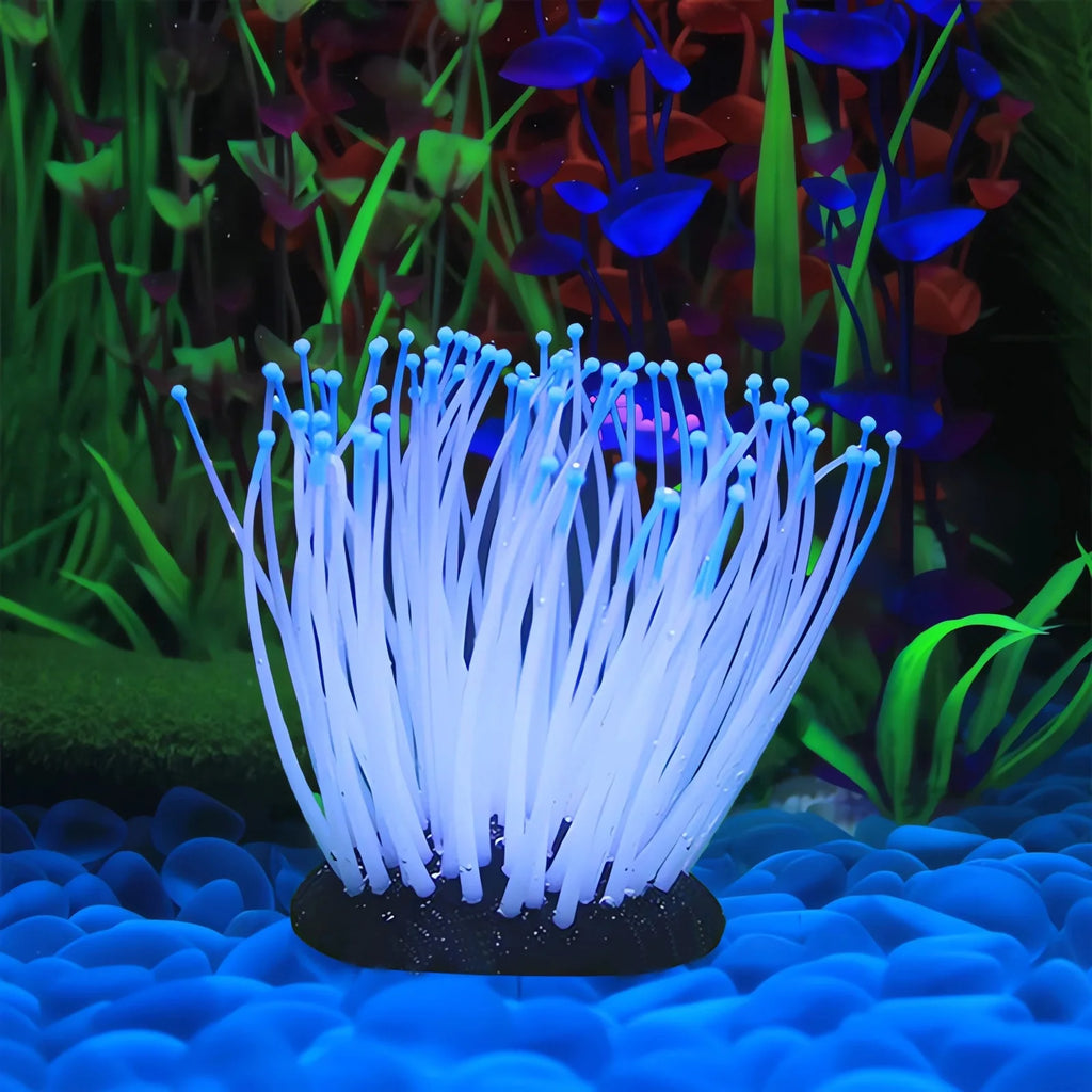 Simulation Silicone Luminous Sea Anemone Ornament Artificial Coral Plant Simulation Sea Anemone for Aquarium Fish Decoration with Suction Cup(Blue)