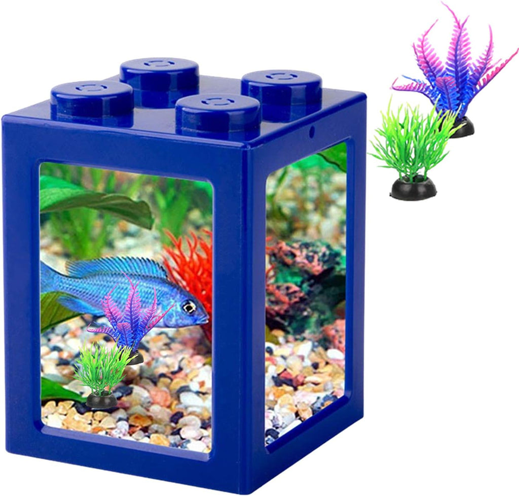 Compact Betta Fish Tank - Stackable Mini Cube Aquarium with Decorative Elements and Ant Feeding Case for Reptiles (Blue)