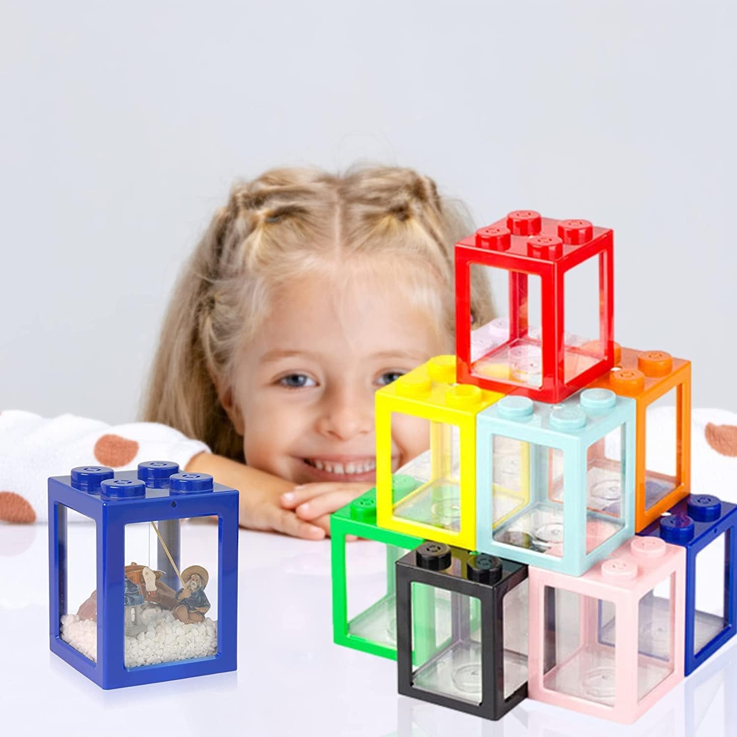 Compact Betta Fish Tank - Stackable Mini Cube Aquarium with Decorative Elements and Ant Feeding Case for Reptiles (Blue)