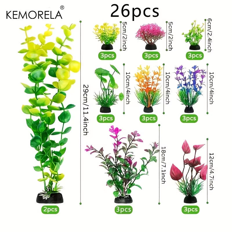 KEMORELA 25/26Pcs Artificial Plants Fish Tank Decorative Aquarium Decoration Colorful Plastic for Indoor Fish Tank Decorative