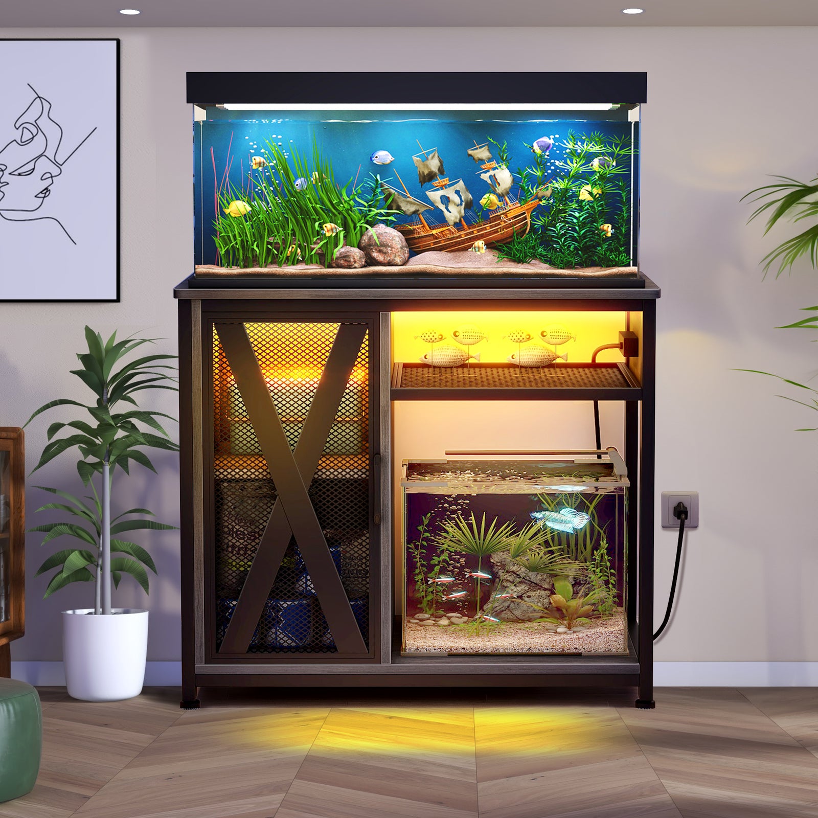 50 Gallon Aquarium Stand with Storage &Charging Station LED Fish Tank Stand
