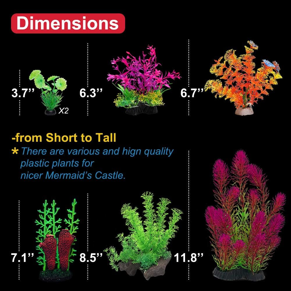 Aquarium Decorative Theme Set - Plastic Plants, Fish Cave, Castle, Mermaid, Pirate Ship, Egyptian Pyramid, Shipwreck Hideouts and Accessories