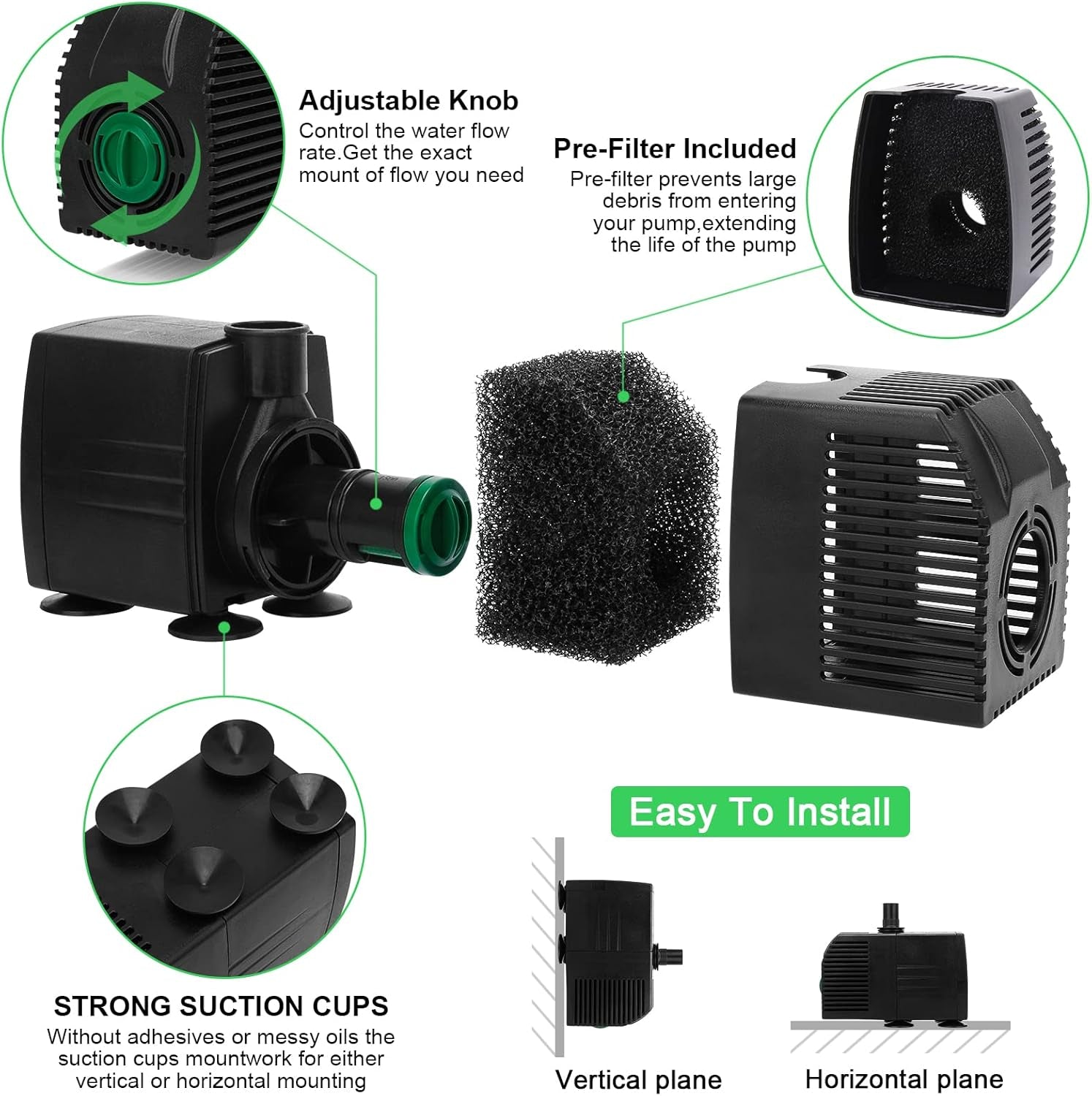 Submersible Water Pump, 200GPH Aquarium Pump with Pre-Filter Screen, Adjustable Fountain Pump with 3 Nozzles and 6Ft Power Cord for Fish Tank, Pond,Hydroponics, Outdoor Waterfall 800L/H,12W