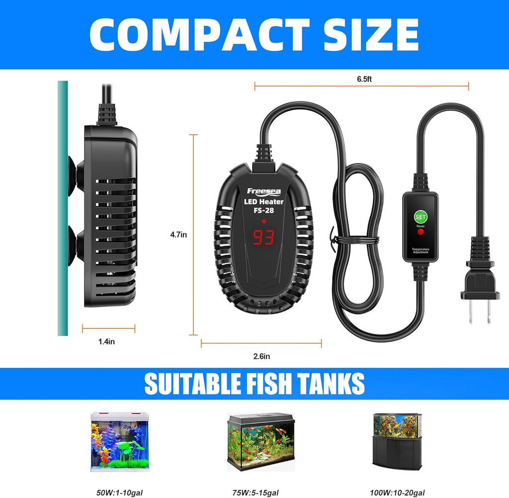 50W Submersible Aquarium Heater with Adjustable Temperature Controller for Betta, Saltwater, and Freshwater Tanks (1-10 Gallon)