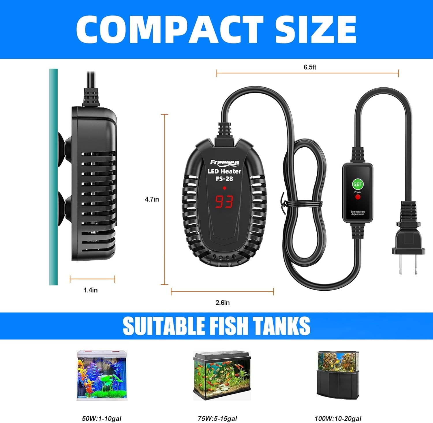 50W Submersible Aquarium Heater with Adjustable Temperature Controller for Betta, Saltwater, and Freshwater Tanks (1-10 Gallon)
