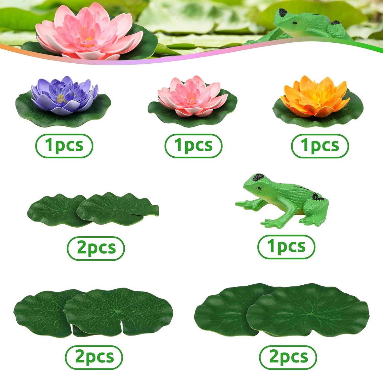 10-Piece Set of Floating Foam Lotus Flowers with Artificial Frogs and Lily Pads for Aquatic Decor in Pools and Aquariums