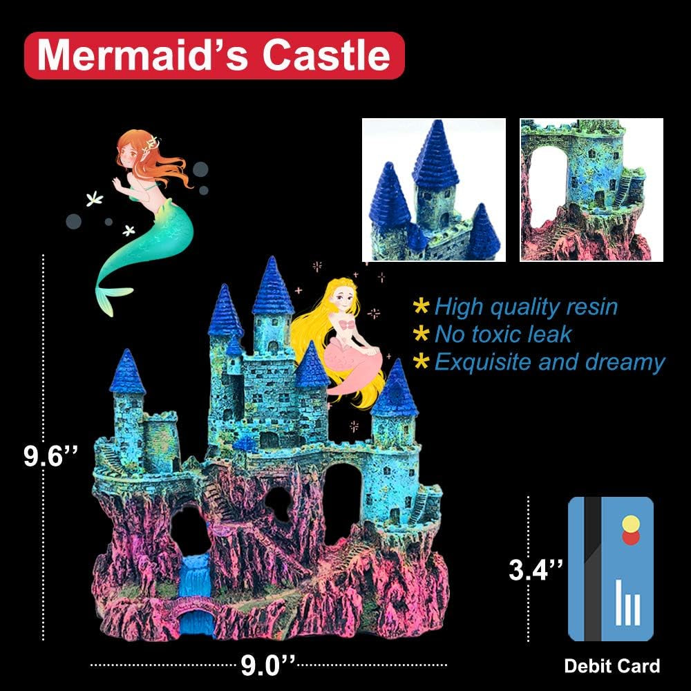 Aquarium Decorative Theme Set - Plastic Plants, Fish Cave, Castle, Mermaid, Pirate Ship, Egyptian Pyramid, Shipwreck Hideouts and Accessories