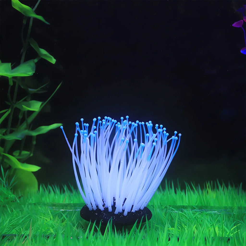 Simulation Silicone Luminous Sea Anemone Ornament Artificial Coral Plant Simulation Sea Anemone for Aquarium Fish Decoration with Suction Cup(Blue)