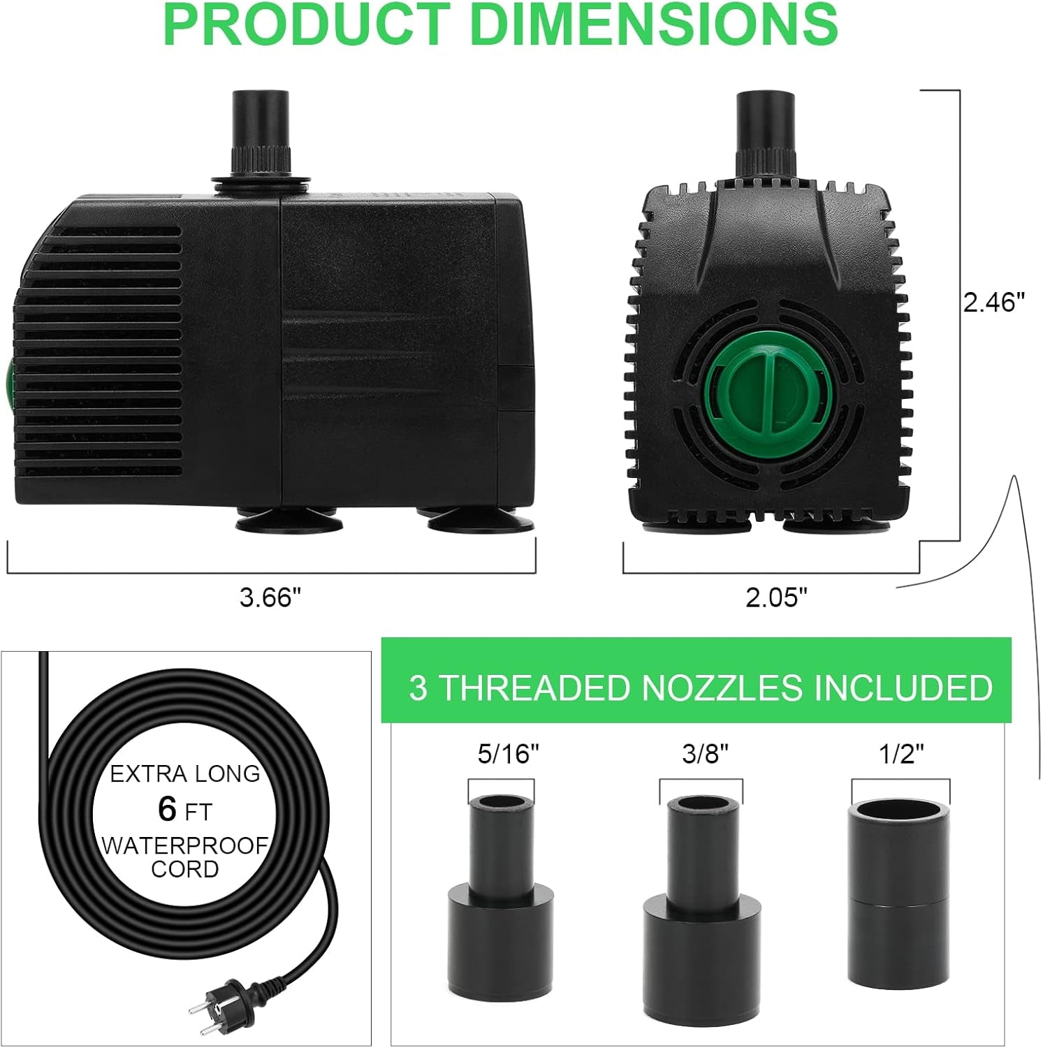 Submersible Water Pump, 200GPH Aquarium Pump with Pre-Filter Screen, Adjustable Fountain Pump with 3 Nozzles and 6Ft Power Cord for Fish Tank, Pond,Hydroponics, Outdoor Waterfall 800L/H,12W