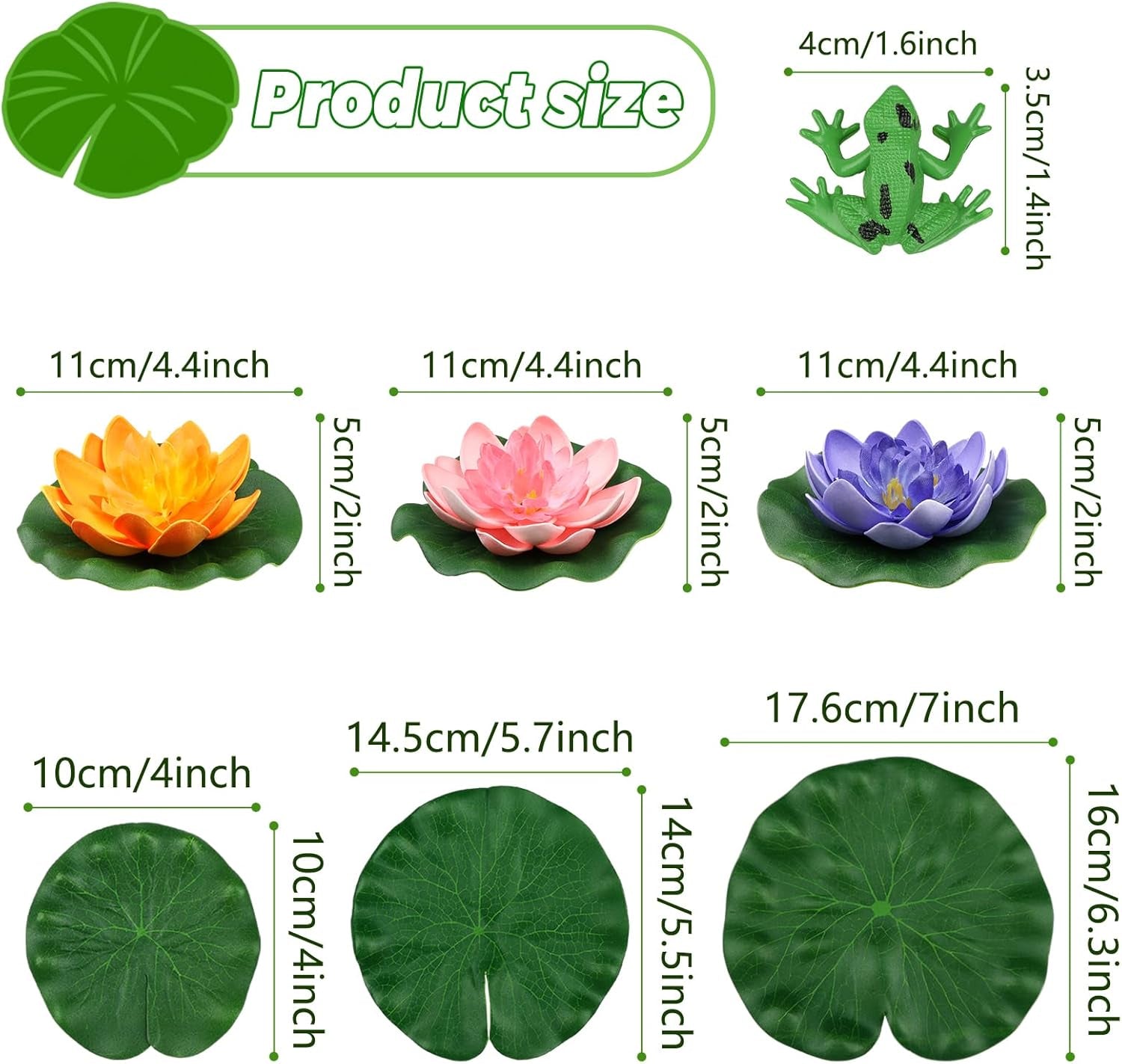 10-Piece Set of Floating Foam Lotus Flowers with Artificial Frogs and Lily Pads for Aquatic Decor in Pools and Aquariums