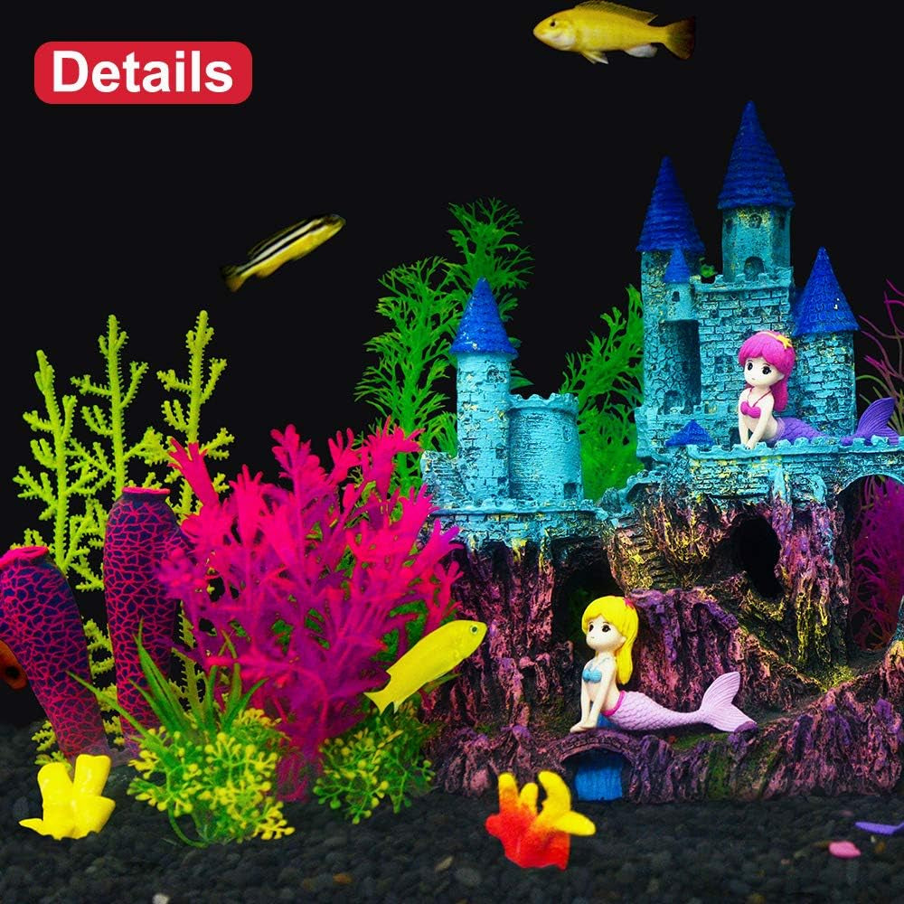 Aquarium Decorative Theme Set - Plastic Plants, Fish Cave, Castle, Mermaid, Pirate Ship, Egyptian Pyramid, Shipwreck Hideouts and Accessories