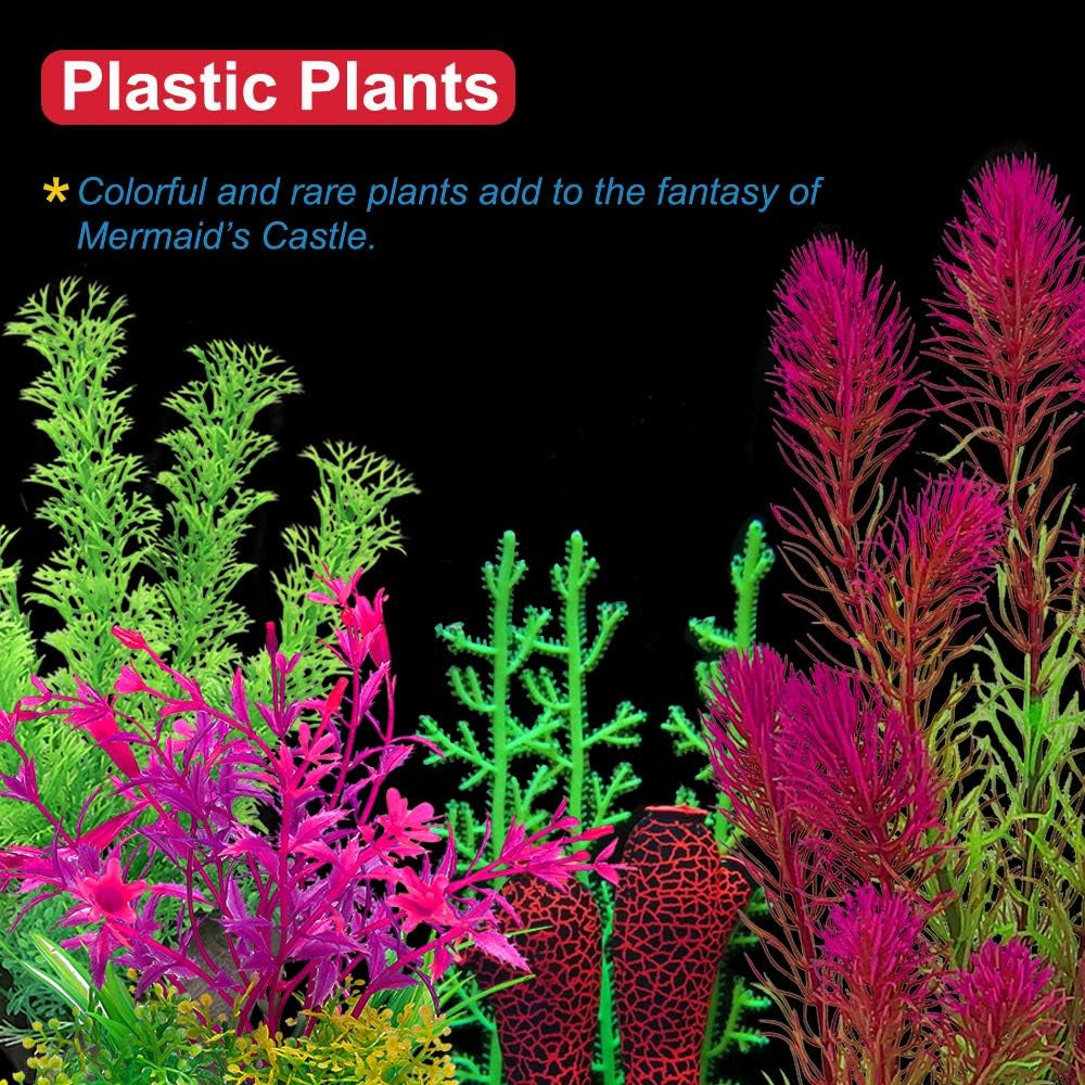Aquarium Decorative Theme Set - Plastic Plants, Fish Cave, Castle, Mermaid, Pirate Ship, Egyptian Pyramid, Shipwreck Hideouts and Accessories