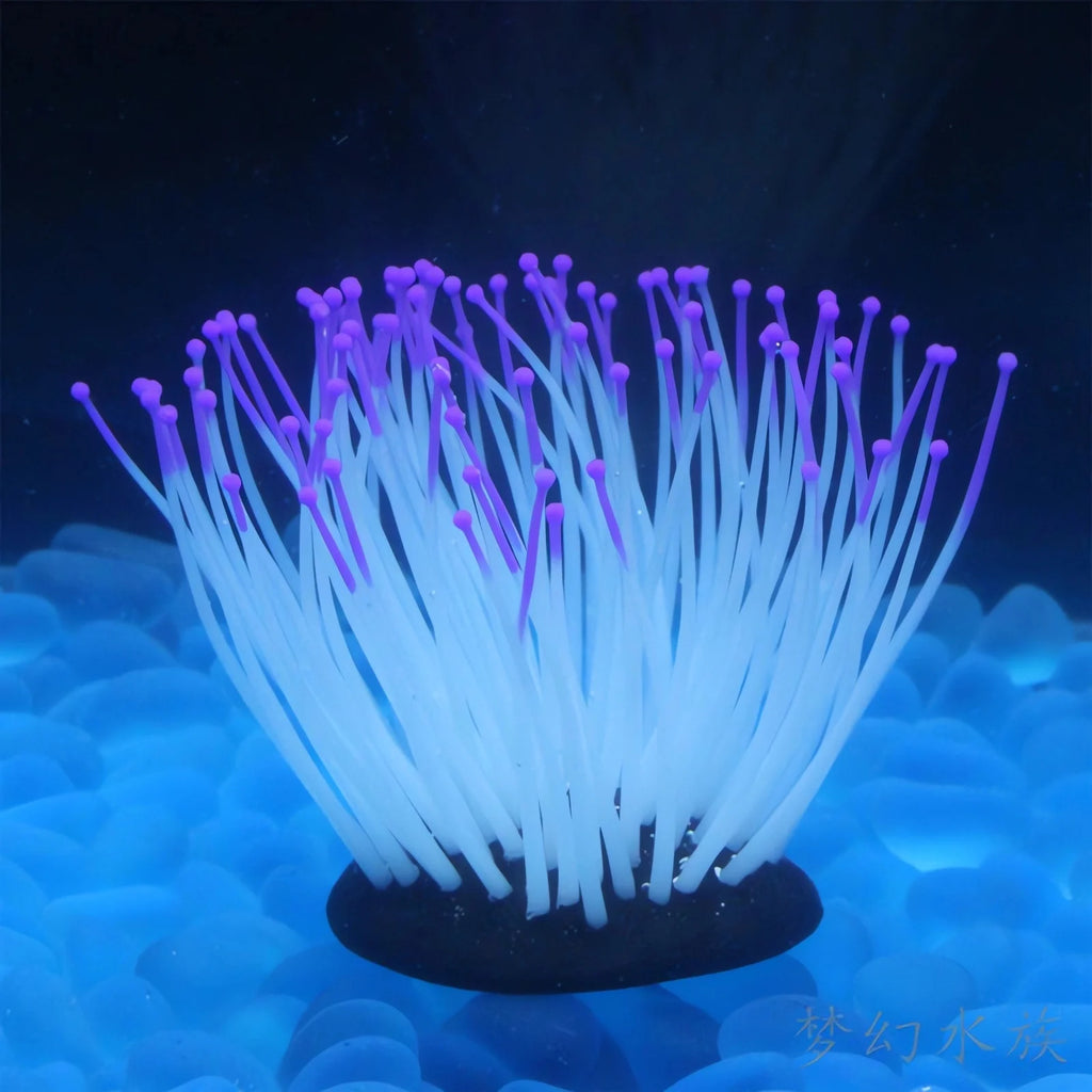 Simulation Silicone Luminous Sea Anemone Ornament Artificial Coral Plant Simulation Sea Anemone for Aquarium Fish Decoration with Suction Cup(Purple)