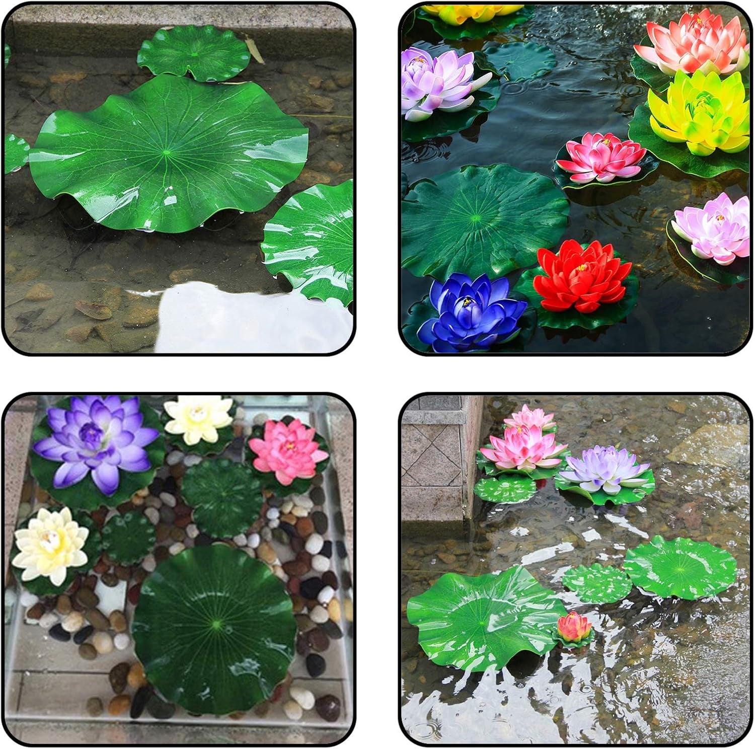 10-Piece Set of Floating Foam Lotus Flowers with Artificial Frogs and Lily Pads for Aquatic Decor in Pools and Aquariums
