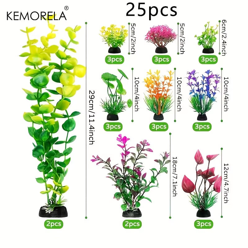 KEMORELA 25/26Pcs Artificial Plants Fish Tank Decorative Aquarium Decoration Colorful Plastic for Indoor Fish Tank Decorative