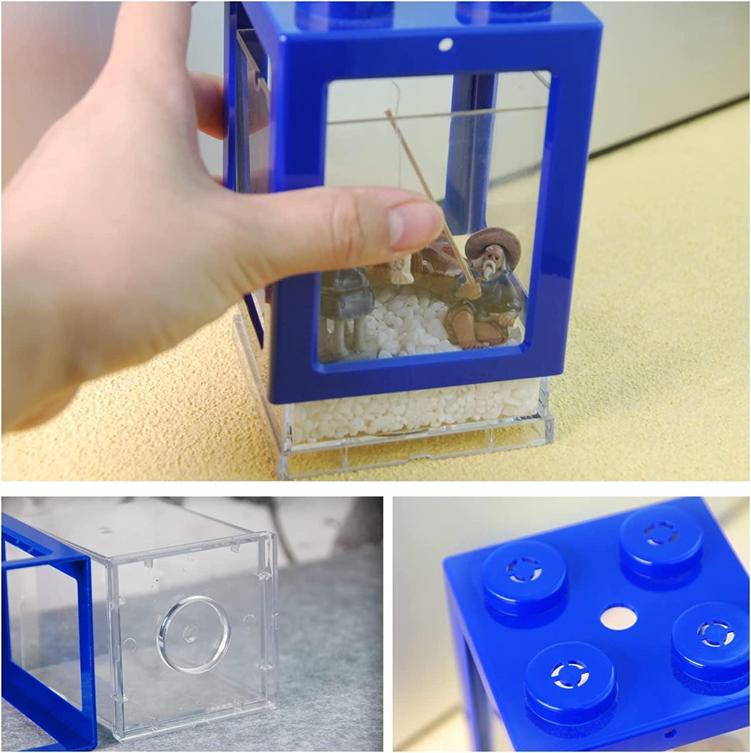 Compact Betta Fish Tank - Stackable Mini Cube Aquarium with Decorative Elements and Ant Feeding Case for Reptiles (Blue)
