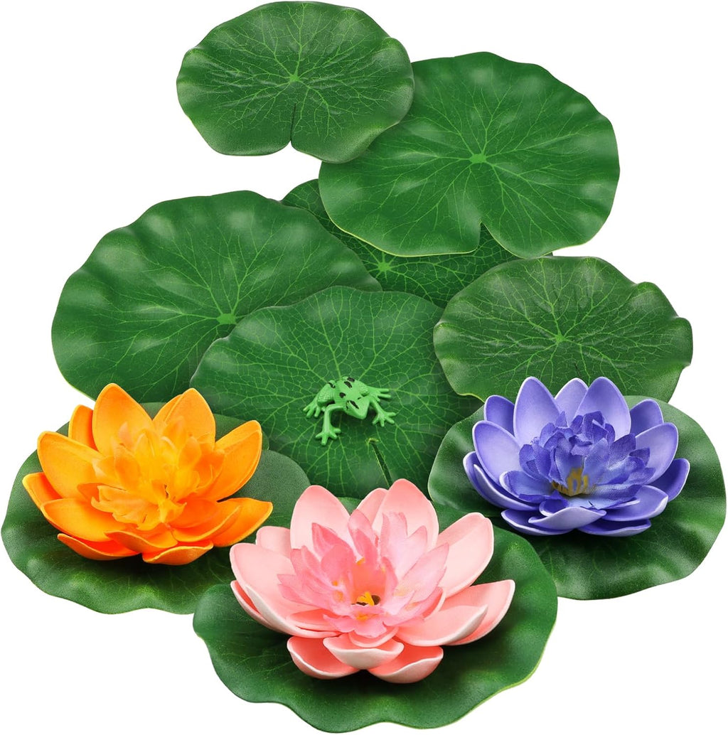 10-Piece Set of Floating Foam Lotus Flowers with Artificial Frogs and Lily Pads for Aquatic Decor in Pools and Aquariums