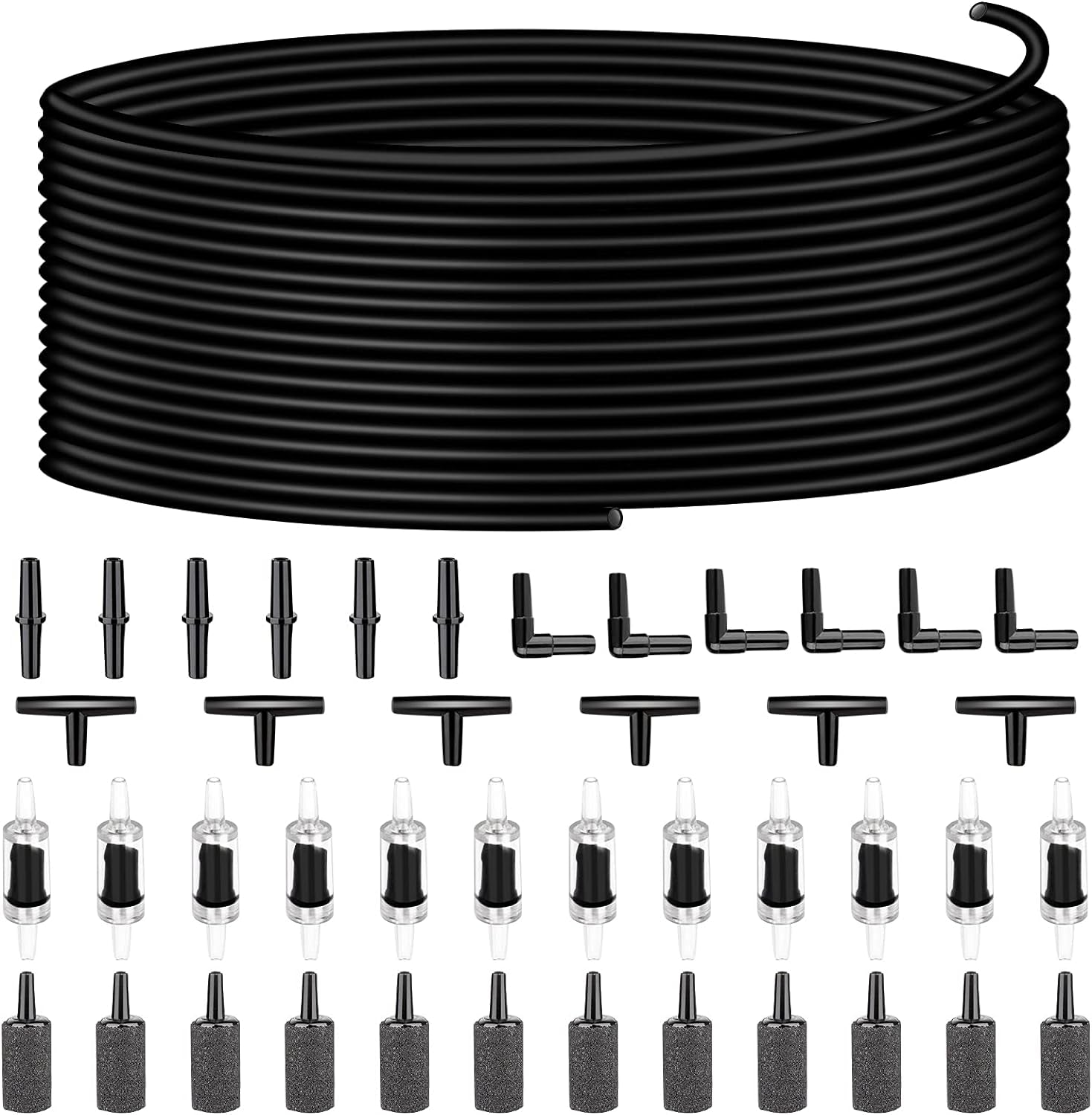 Aquarium Air Pump Accessories Set-9.84/26.25/101.71 Feet Aquarium Airline Tubing Hose,Check Valves,Air Stones and Connectors of I,L,T Shape (101.71Feet Hose 12Stone 12Check Valve 18Connector)
